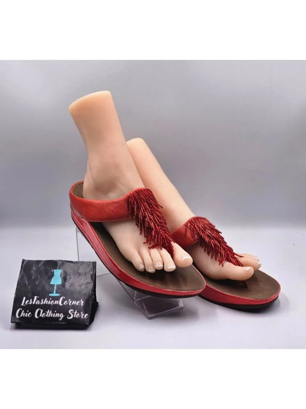 FitFlop Women's Orange Leather Cha Cha Beaded Fringe Thong Sandals Size 10 3341 - Picture 10 of 16